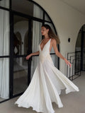 Women Sexy Deep V-neck Lace Patchwork Long Dress Elegant White Sleeveless Backless Slim Robes New Evening Party Dresses