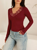 Pbong  New Winter Women's V-neck Lace Trim Splice Waist-cinching Belly-baring Trendy Street Style Long Sleeve Polyester T-shirt