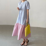 Pbong  Chic round Ne Striped Color Blo Loose Knee-Length Midi Dr Women's Frou Frou Skirt Commute Sle ort Sve Summer Dr