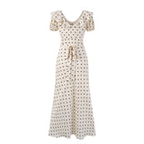 French Retro Polka Dot Print Long Dress Sweet Chic V-neck Summer Women Dress Short Sleeve High Waist Elegant Lady Dresses 2025
