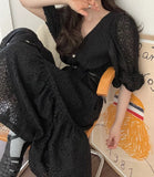 Hook Embroidery Puff Sleeve Spring Long Dress Korea Chic Lace V-neck Button 2025 New Dress A-line Hollow Beige Female Clothing