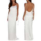 Pbong  Women's Vintage Solid Color Flower Tassel Backless Sleeveless Summer Party Club Satin Maxi Long Bodycon Sling Dress