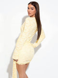 Lace Draped Ruched Sexy Mini Dress Women Elegant Fashion Deep V Neck Long Sleeve Slim Club Party Dress Vestido