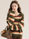 Korean Sweet Striped Sweater Women Sexy V Neck Vintage Knitted Jumper Casual Long Sleeve Female Lazy Wind Pullover Tops New