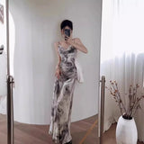 New Chinese Style Watercolor Print Strapless Bodycon Dress Women's Spring Shoulder Bared Elegance Skirt Wrap Hip Long Tail Fi...