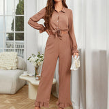 Pbong  European Pajamas Women Spring Autumn Ruffled Cardigan Long-sleeved Trousers Set Two Piece Sleepwear Home Clothes