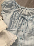 Sweet Fresh French Puff Short-sleeved Ruffled Shirts Women's Summer High-end Waist Slimming Temperament Single Breasted Blouse