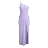 New Summer Fashion Backless Vacation Party Vestidos Satin Sexy Slim Slant Shoulder Solid Color Slit Casual Long Dress Vestidos