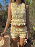 Women's Plaid 2 Piece Set Sleeveless O Neck Ruched Striped Tank Tops Shorts Sets Casual Streetwear