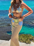 Sexy Knitted Beads Top Long Skirt Woman's Set Casual Beach 3D Flowers Tops Hollow Out Low Waist Skirts Sets Female Party Holiday