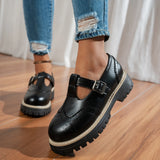 Pbong  Black T-Strap Flat Shoes for Women, Round Toe Brogue Detail with Metal Buckle, Casual Chunky Soled Shoes