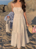 Pbong  White Strapless Summer Dress Women's Chic Loose Waist Long Skirt Korean Style Commute Pure Color Holiday A-Line Gown