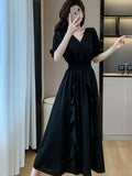 Women Black Puff Sleeve V-neck Casual Ruffled Long Dresses Summer Elegant Bodycon Female A-Line Mujers Clothes New