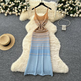Women Dress New Europe Fashion Multicolor Spaghetti Straps Knitted Party Dress Vacation Style Lady Beach Vestidos