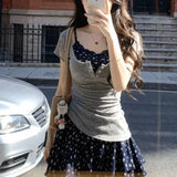 Y2k Japanese Style Kawaii 2 Piece Dress Sets 2000s Slim Short Sleeve Tees + Print Floral Strap Dress Harajuku Vintage Women Suit