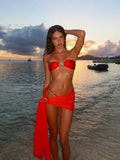Sexy Red Pleated Tassels Mini Skirt Bikini Set Women Fashion Star Link Tops Bodycon Skirts Swimming Wear Beach Vocation Outfit