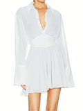 Pbong  Women Elegant Shirt Dress Mesh Sheer Long Sleeve Turn-Down Collar Pleated A-line Mini Dress Autumn Vintage Sexy Clothes