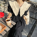Large Turn Down Collar A-line Long Dress 2025 New Patchwork Belt Chic Black Spring Dress Loose Ruffle Fashion Summer Dresses