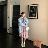 Women Pink Ruffled Skirts Elegant Korean Style High Waist Elastic Waist Asymmetric Lace Layered Short Skirts Mesh Skirt