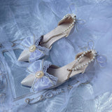 Retro Court Style Cosplay Flower Wedding Girl Mysterious Elegant Tea Party Gem Pearl Bow Lace Silk Satin 9cm High Heeled Shoes