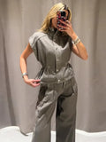 Pbong  Denim High Neck Vest & Wide-Leg Pants Set Sleeveless Elastic Waist Top Pleated Trousers Spring Fashion Chic Edgy Women Suit