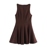 Round Neck Elagant Pleated Short Dress Solid Color Zipper Casual Women Dress 2025 New Summer Sleeveless Summer Tank's Dresses