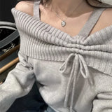 Korean Style Coquette Knitwear Pullovers Women Sweet Slash Neck Long Sleeve Sweaters Autumn Winter 2000s Grey Jumper