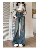 Hong Kong Style Fringe Loose-fit Bootcut Jeans Women's High-waisted Vintage Slimming American Style Bell-bottom Pants