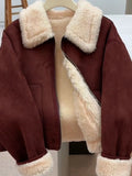 Faux Lamb Suede Jacket Women Winter Warm Long Sleeve Vintage Cotton Coat Korean Casual Lady Thick Long Sleeve Retro Tops