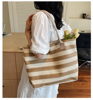 Pbong  Large Capacity Straw Woven Tote Bag Casual Shoulder Summer Travel Handbag Urban Minimalist Style Polyester Lining Zipper Opening