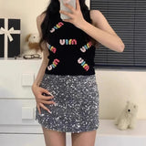 Pbong  Spicy Girl Letter Print Knitted Crop Top Women's Sleeveless Slimming Vest New Inner Wear Fashionable Design