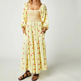 Pbong  Bohemian Floral Dress Women Square Neck Ruffle Swing A Line Maxi Dress Long Sleeve Beach Style Holiday Lady Club Party Dress