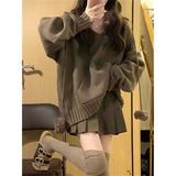 Lazy All Macth Harajuku Knitted Hoodies Solid Y2k Aesthetic Loose Japan Punk Vintage Pleated Skirts Loose Sweaters Two Piece Set