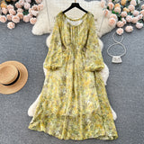 Pbong  Women Dress Spring and Autumn Fashion Print Floral Elastic Waist A-line Chiffon Dress Korean Beach Long Robe Femme