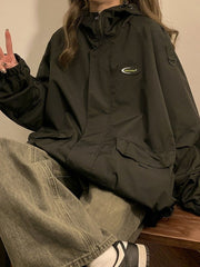 Oversized Hooded Jacket Women Vintage Loose Windbreaker Jackets Female Korean Stylish Harajuku Casual Zipper Coat