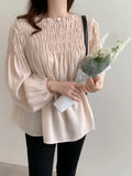 Pbong  Pink Blouse for Women Slash Neck Loose Pleated Shirts All Match Fashion Sweet Vintage Blouses Autumn Tops