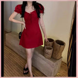 Pbong  White Enhancing Red Bubble Sleeve Square Collar Dress Women's Summer Design Sensation Dandelion Print A-Line Cotton Dress