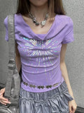 Pbong  Y2k Aesthetic Vintage Summer Printing Tees Slash Neck Streetwear Purple Tshirts Women Harajuku Grunge Bottoming Sexy Crop Tops