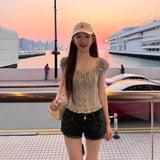 Sweet Blue Plaid Puff Sleeve Women Cropped Shirts Square Collar Korean Fashion Ruffle Blouses Slim Aesthetic Summer