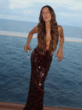 Sexy Sequin Deep V-neck Sling Party Dress Women Elegant Glitter Sleeveless Waist-cinching Evening Dresses Chic Beach Robes