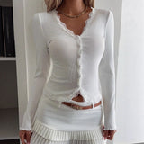 Pbong  New Autumn Solid Color Women‘s Tops Fashion Deep V Neck Lace Splicing Long Sleeve Cardigan Slimming Versatile Ladie T-Shirt