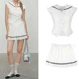 2025 New Peter Pan Collar Tank Top And Pleat Short Skirt 2 Piece Set Vest + Short Skirt White Sweet College Style Summer Outfits