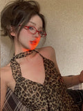 Sexy Leopard Print Tank Tops Women Sleevelss Y2k Chiffon Halter Tops Blackless Crop Tops Streetwear Party Wear Summer