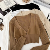 Rib Knit Crop Top with Keyhole Criss-Cross Front Long Sleeve V-Neck Short Sweater Pullovers Women Teen-girl Y2K 90s Outfit