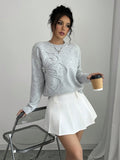 Elegant 3D floral pattern round neck long sleeved knitted sweater for women's clothing