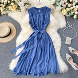 Pbong  Korean Fashion Women Dress Summer Casual Solid Sleeveless Sash Bandage Black Dress Vintage Elegant Lady Vestidos
