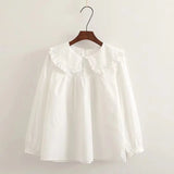 New Autumn Cotton White Shirts Women Student Sweet Tops Girl Peter Pan Collar Plaid Casual Cute Loose Blouses Spring T39132QM