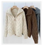 Women Autumn Winter New Lazy Style Loose Knitted Cardigan Retro Solid Color Double Zipper Turn-down Collar Sweater New Women Top