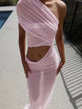 Mesh Hollow Out Backless Sexy Maxi Dress For Women Fashion One Sleeveless See Through Ruched Bodycon Club Long Dress