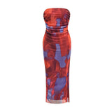 Pbong  Sexy Side Split Printed Mesh Double Layer Women's Dress Midi Length Sleeveless Thick Fabric Milk Fiber Chinese Production